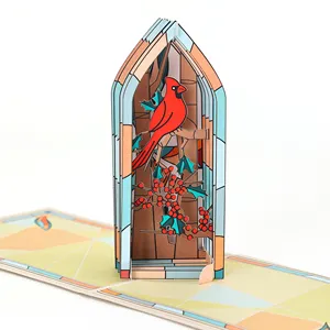 Neuheit 3D Pop Up Karte Glasmalerei Winter Kardinal Religiöse Segen Karte Geburtstag Weihnachts geschenk Premium Grußkarten