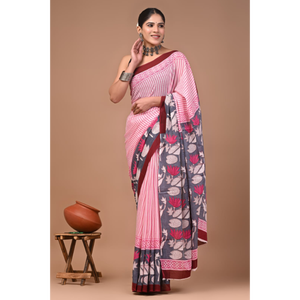 Sari en coton Mulmul imprimé avec blouse assortie – Léger et élégant, sari en coton Mulmul doux – Confortable pour un usage quotidien - Product Image 1