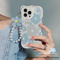 Nouveau mignon 3D ours oreille bleu fleur protection TPU téléphone étui filles à la mode lanière pour iPhone 16 15 14 Pro Max