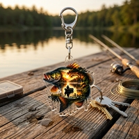 Porte-clés personnalisé en acrylique, motif poisson, scène de pêche au lac au coucher du soleil, transparent, découpé, imprimé UV, breloque cadeau