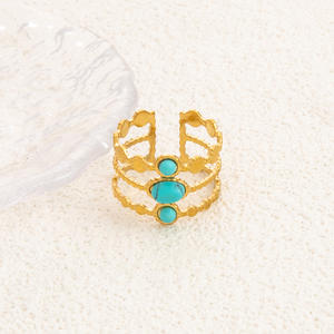 Anillos de Moda Chapados en Oro, Diseño Abierto en Forma de U con Estrella y Luna, con Turquesa y Piedras Rosas, Joyería Unisex para Regalo - Product Image 3