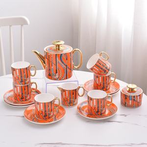Ensemble de thé en céramique à motif sceptre orange, 11 ou 15 pièces, avec poignée dorée, en porcelaine fine, idéal pour un cadeau - Product Image 1