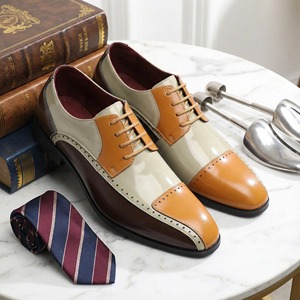 2026 Trending Pointed Toe Business Formal Oxfords British Breathable Lace-Up Color <b>Block</b> Leather Shoes for Men - Product Image 4