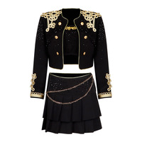 Costume de scène sexy noir et or brodé, tenue de danse K-pop Jazz, ensemble 2 pièces à franges militaires pour femmes