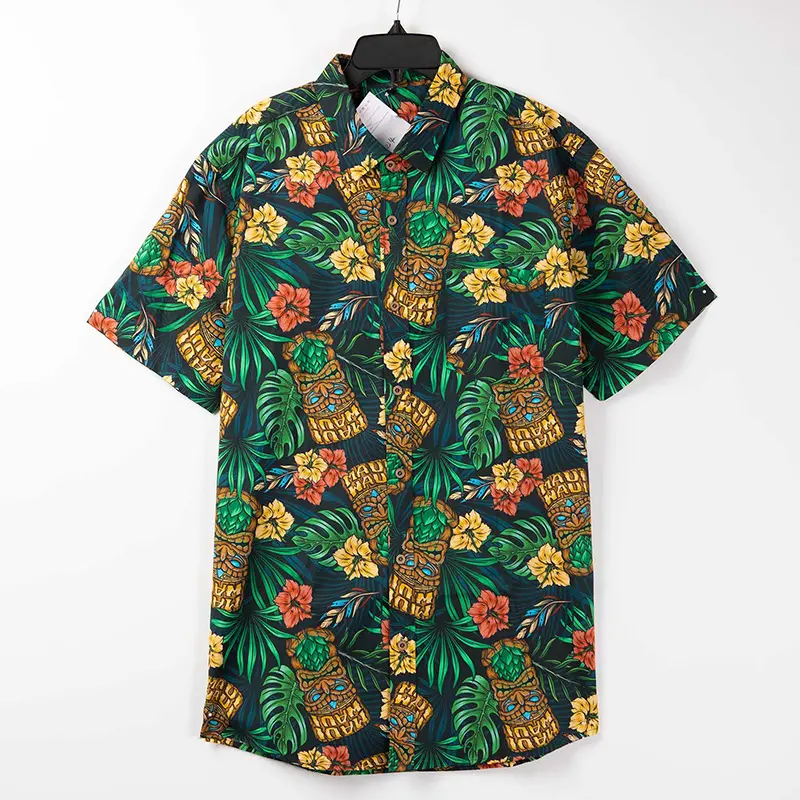 America 2023 Pre-sale Style Cotton Rayon Custom Printed Floral Sleeve Turn Down Collar Aloha Tropical Shirt Men