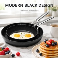 Set Wajan Anti Lengket Granit 2 Buah dengan Gagang Stainless Steel, Wajan Aluminium Hitam untuk Memasak di Dapur Rumah, OEM ODM