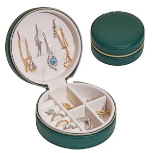 Small PU Leather Jewelry Box Mini Portable Travel Zipper Case Organizer Display Storage Boxes Round Jewelry Box