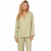 Nouvel ensemble de pyjama pour femme en pur coton, jacquard teint en fil, imprimé floral, col à revers, manches longues, pantalon – Simple, respirant, pour la détente