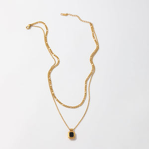 Joolimジュエリー 18K金メッキ ダブルレイヤー マザーオブパール オニキス 2連 レイヤード ステンレススチール セーターネックレス - Product Image 4