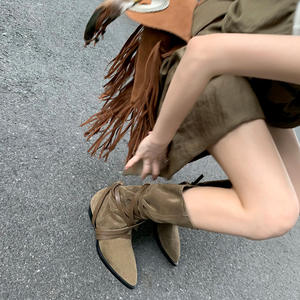 Bottes mi-mollet rétro à lacets et bout pointu pour femme, nouvelle collection printemps-automne, avec talon carré et talonnette intérieure, style western, hauteur genou - Product Image 3