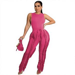 Ensemble deux pièces pour femmes, style européen et américain, pantalon à franges, hauts décontractés sans manches, dentelle, costume sexy d'été - Product Image 1