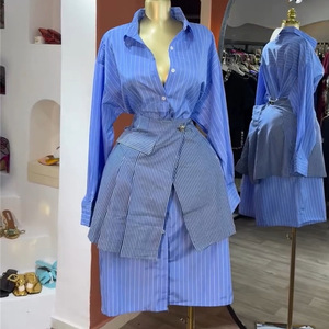 Abbigliamento <span class=keywords><strong>Donna</strong></span> Estate 2026 Nuova Moda <span class=keywords><strong>Camicia</strong></span> a Righe Blu a Maniche Lunghe con Colletto <span class=keywords><strong>e</strong></span> Cintura <span class=keywords><strong>Completo</strong></span> Casual - Product Image 1