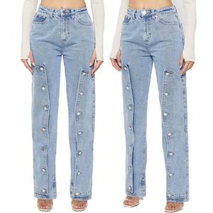 Jean droit bleu moyen personnalisé pour femme, pantalon en denim boutonné style mom - Product Image 2