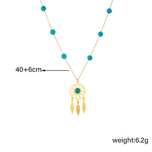 Dreamcatcher Pendant Necklace Turquoise Beaded Gold Chain Feather Charm Boho Style Gift Jewelry - Product Image 4