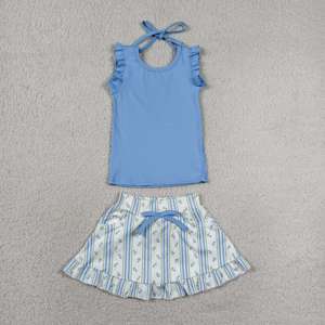 Robe de yoga pour petite fille GSD3906 rts, imprimé fleurs bleues, haute qualité, vente en gros pour enfants, robe d'été athlétique sans manches - Product Image 1