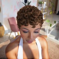Perruques Pixie Chioma Brun Chocolat pour Femmes Noires Cheveux Humains Courts Bouclés Entièrement Faites à la Machine Sans Colle Perruque Sans Dentelle