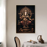 Grand Panoramique Ganesh Wall Art Hindou Verre Impression Décor Verre Trempé avec Base en Toile pour la Décoration de la Maison