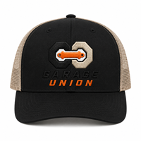 Gorra de béisbol de 6 paneles de poliéster/algodón con malla trasera, marca privada, negra, con bordado de insignia Sand Garage, ajustable, lista para venta al por menor