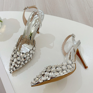 Elegant Pointed Toe Slingback Stiletto <b>Sandals</b> Crystal Diamonds Waterproof Handmade Women Pumps High Heels Summer Wedding - Product Image 3