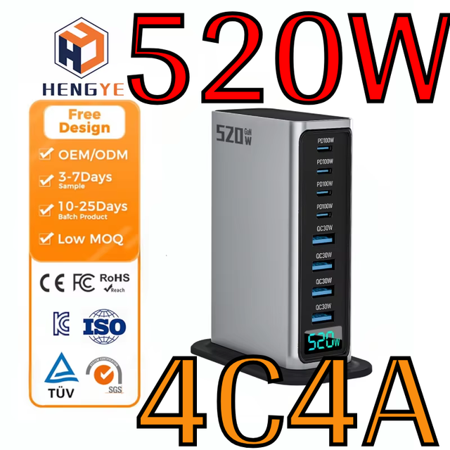 High Power PD 100W QC30W 520W GaN Charger Laptop Usb Type C Block 8 Multi Port Desktop GaN Super Fast Charger 520W