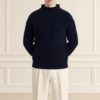 Fabricant de tricots sur mesure – Pull épais à col montant côtelé bleu marine avec poche poitrine, manches longues, pour l'hiver, décontracté, vente en gros