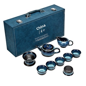 Service à thé <span class=keywords><strong>chinois</strong></span> de luxe BAMBUS 10 pièces - Gaiwan en céramique professionnelle au coloris changeant au four, <span class=keywords><strong>passoire</strong></span> et 6 tasses avec étui de voyage en cuir - Product Image 5