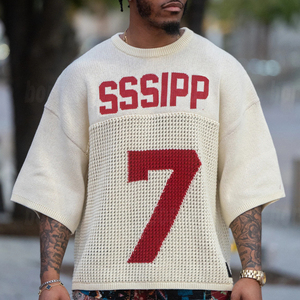 Personalizado OEM ODM Diseño Logo Letra <span class=keywords><strong>Jacquard</strong></span> Manga Corta Suéter Fútbol Prendas de punto Crochet Malla <span class=keywords><strong>Jersey</strong></span> de punto Hombres - Product Image 1