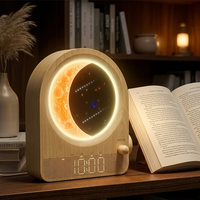 Despertador con Luz de Amanecer, Base de Madera, Alimentación USB, Luz 3D de Luna y Meteoro, con Doble Alarma, 10 Sonidos Naturales y Función de Repetición, Marca Privada
