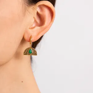 Vintage Jewelry 18K Gold Plated Stainless Steel Earrings Green Natural Stone Malaysian Jade Earring for Girls