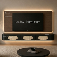 Mueble de TV Flotante Curvo Estilo Japandi Cinewall con Puertas con Relieve 3D y Panel de Pared con Retroiluminación LED Moderno