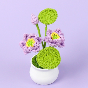 Venta al por mayor de tallos de bonsái de flores tejidas a mano decoración <span class=keywords><strong>floral</strong></span> plantas artificiales bonsái de flores tejidas mini maceta de loto de ganchillo acabada - Product Image 4