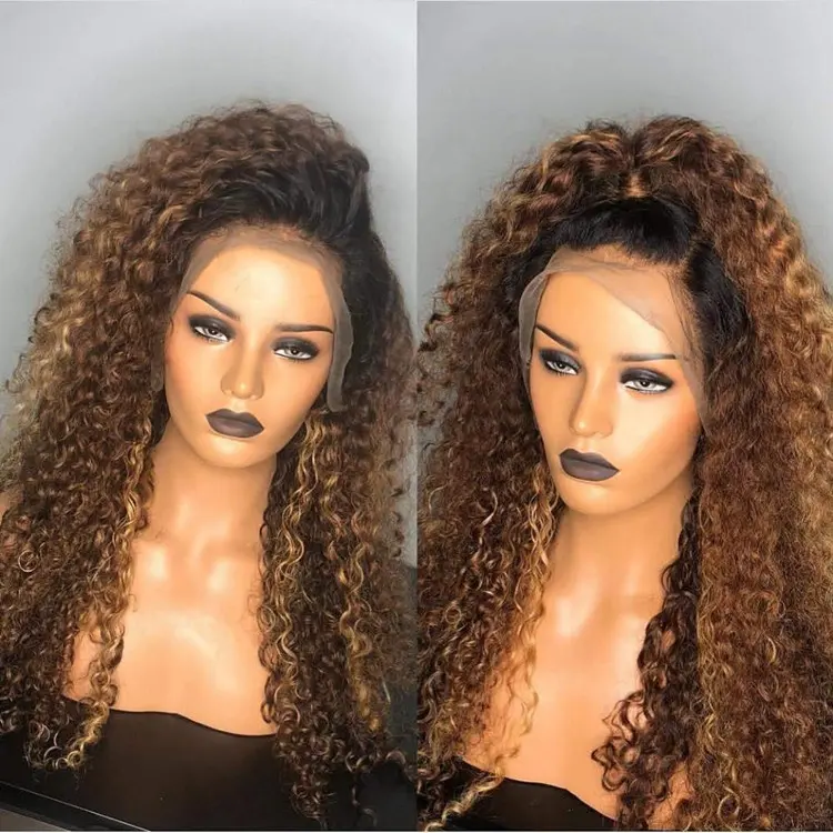 Rambut Palsu Keriting Kinky Selaras 1B/30 Warna Coklat Mink Rambut Manusia Peru Wig Renda 360
