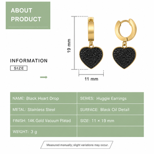 Boucles d'oreilles pendantes Huggie Cœur Noir en Acier Inoxydable Plaqué Or 14K sous Vide, Anneau Articulé 19 mm, Bijoux - Product Image 2