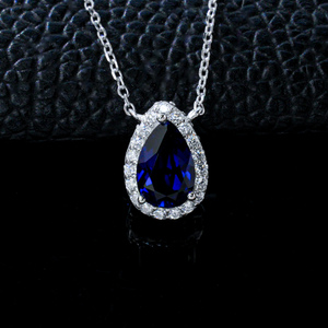 925 Sterling Silver Pear Cut Lab-Created Sapphire Pendant Necklace with CZ Halo, Women's <b>Wedding</b> & Party Jewelry - Product Image 2