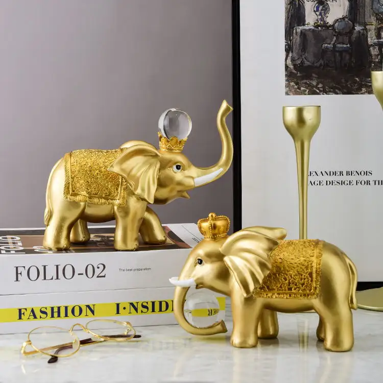 Groothandel Luxe Home Office Tafelblad Fengshuii Lucky Ornament Resina Elefante Dorado Creative Gold Thaise Olifant Standbeeld