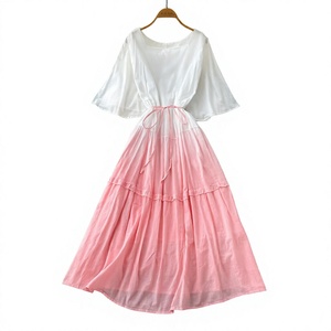 <b>White</b> Pink Contrast Color <b>Boho</b> Chiffon Maxi <b>Dress</b> O-Neck Flutter Sleeve A-Line Loose Summer Casual <b>Dress</b> - Product Image 4