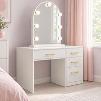 Bureau de maquillage en MDF blanc avec miroir lumineux arqué, 4 tiroirs et poignées dorées, couleurs personnalisables