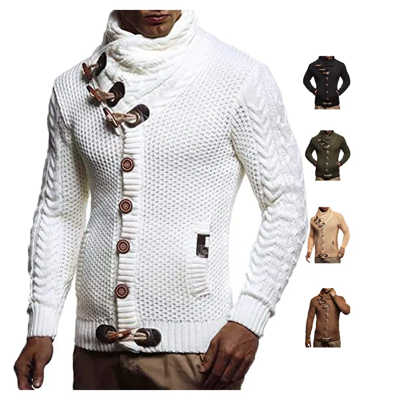 Custom Clothing Stylish Fit Warm Polyester High-Neck Men's Knit Jacket Slim Turtleneck Cardigan Winter Casual Sweater Pullover