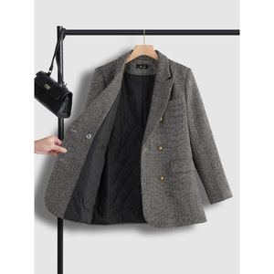 Women's Herringbone Wool Blazer Double Breasted Thick Warm Autumn Winter Coat With Pocket Elegant Style - Product Image 3