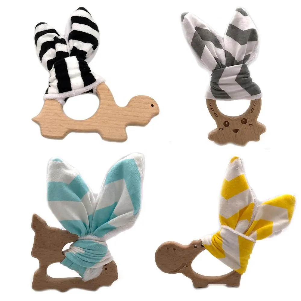 Safe Organic Wood Animal Ring Crochet Baby Bunny Ear Teether Infant Toddler Shower Gift