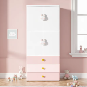 Moderne & Schattige Babykast <span class=keywords><strong>2</strong></span> Deuren <span class=keywords><strong>3</strong></span> Laden <span class=keywords><strong>2</strong></span> Planken Verwijderbare Kledingstang Konijnenknop Dieren Kinderkast Opbergladen - Product Image 1