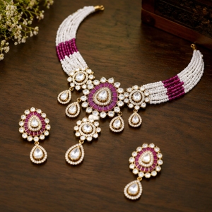 Elegant 925 <b>Silver</b> Necklace and Earrings Set with Pink and White Beads Traditional Indian Bridal Jewelry for Women - Product Image 5
