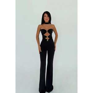 Combinaison d'été décontractée avec détail fenêtre noir en mousseline et tissu tricoté à motif imprimé - Product Image 3