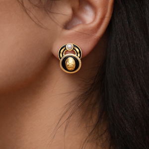 Fashion <b>Stud</b> <b>Earrings</b> 316L Stainless Steel PVD Gold Plating Sustainable Resistant <b>Black</b> Inlay Pearl Accent - Product Image 3