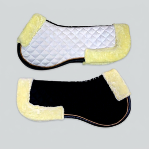Demi-selle en tissu sergé de coton avec garniture en mousse de 16 mm, patch de sangle en cuir de vison et renfort en fourrure de renard, et doublure en maille. - Product Image 1