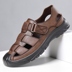 รองเท้าแตะหนังแบบสวมลำลองสำหรับผู้ชาย ระบายอากาศได้ดี ปิดด้วยเวลโคร สีน้ำตาล ดำ เทา ไซส์ผู้ใหญ่ 38-46 - Product Image 1