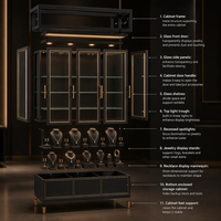 Luxuriöse Schwarz-Gold Schmuck-Vitrine Gebogene Glasvitrine Freistehende Verkaufsvitrine mit LED-Warmlicht