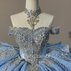 Xs313 Modern Stunning Crystal Choker Shoulder Scattered Rhinestone Ruffle Baby Blue Glitter <b>Ball</b> <b>Gown</b> Chapel Quinceanera Dress - Product Image 4