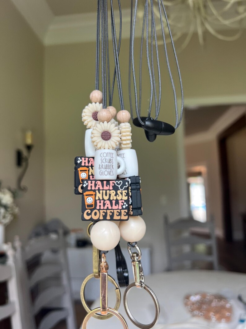 Personalized Monogram Keychain with Blank Wood Disc Color Silicone Beaded Teacher ID Necklace Lanyard Keychain Image 4