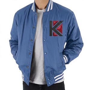 Handmade Custom Men's Satin <b>Varsity</b> <b>Jacket</b> KVJ03 Embroidered Baseball Logo Collarless Design Winter Season Dyed Embroidery - Product Image 2